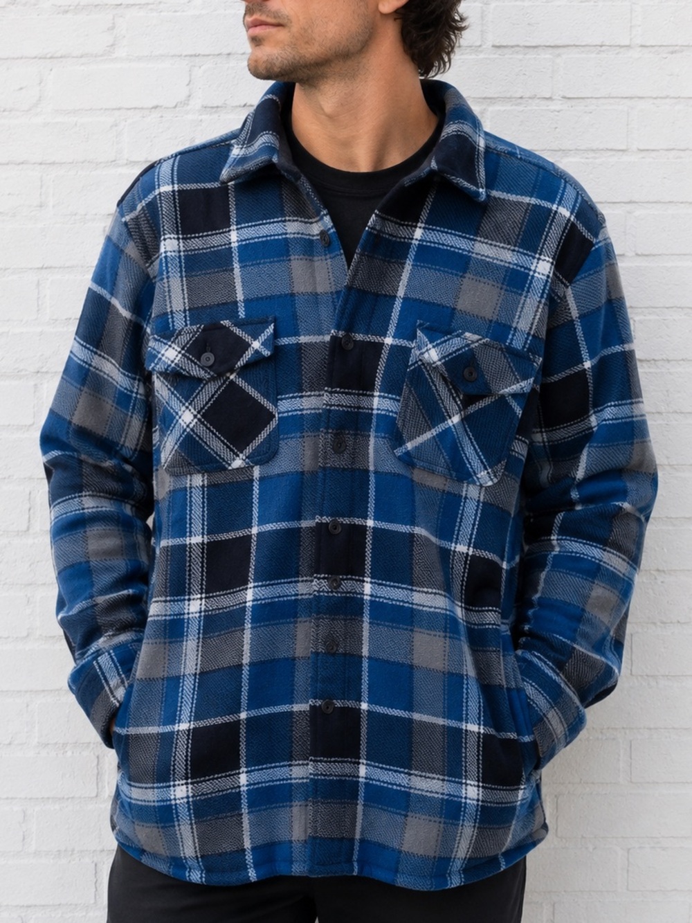 Men’s XL Blue Plaid Sherpa Lined Shacket Shirt Jacket Workwear Fleece - Picture 1 of 11
